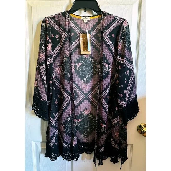 Mason & Belle Laria Crochet Floral Open Front Kimono Large - Picture 4 of 8